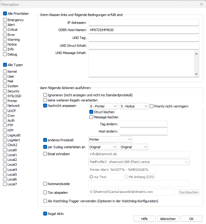 Filter und Aktionen-Konfiguration